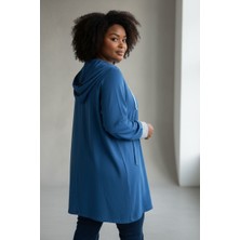 Büyük Beden Kapüşonlu Fermuarlı 77 cm Uzun Gömlek Tunik Mavi Günlük Rahat Kesim