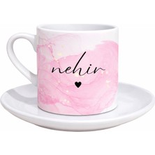 Myworldorganization Kişiye Özel Isimli Pembe Mermer Desenli Kahve Fincanı, Isme Özel Kalp Detaylı Kahve Fincanı