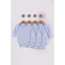 Kidello Mavi Zıbın Organik Uzun Kollu Bady % 100 Pamuk Kumaş Ekonomik Basic Unisex Kız ve Erkek Bebek 4 Lü Body Zıbın 1 Ay 3 Ay 6 Ay 9 Ay