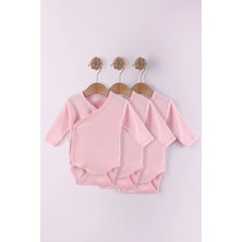 Kidello Pembe Önden Açılan Zıbın Organik Uzun Kollu Bady % 100 Pamuk Kumaş Ekonomik Basic Unisex Kız ve Erkek Bebek 3 Lü Body Zıbın 1 Ay 3 Ay 6 Ay