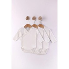 Kidello Ekru Önden Açılan Zıbın Organik Uzun Kollu Bady % 100 Pamuk Kumaş Ekonomik Basic Unisex Kız ve Erkek Bebek 3 Lü Body Zıbın 1 Ay 3 Ay 6 Ay