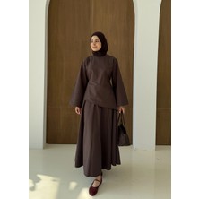 Moda Aksa 6025 Belden Bağlama Poplin Etekli Takım Kahve