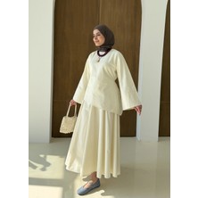 Moda Aksa 6025 Belden Bağlama Poplin Etekli Takım Vanilya