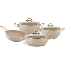 Fms 7 Parça Granit Yapışmaz Tencere Seti | Bej | Sağlıklı Pişirme | Az Yağlı