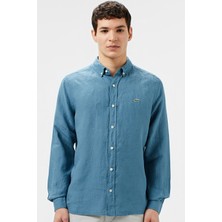 Lacoste Men's Regular Fit Button-Down Collar Linen Shirt Blue Erkek Düğmeli Yaka Keten Gömlek Mavi