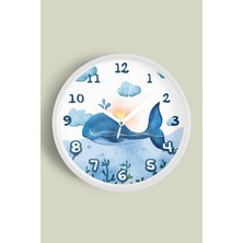 JHAAR Sevimli Balina Çocuk Odası Duvar Saati - 25CM - Önü Camlı Beyaz Kasa