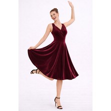 Ruris Kadın Bordo Kadife Kruvaze Yaka Kloş Midi Abiye Mezuniyet Elbisesi