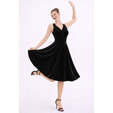 Ruris Kadın Siyah Kadife Kruvaze Yaka Kloş Midi Abiye Mezuniyet Elbisesi