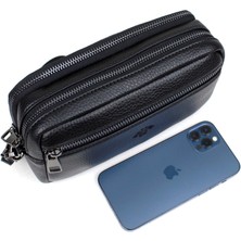 Derise Club Erkek Siyah Çok Bölmeli Kartlık Detaylı Lüks El ve Bileklik Kemerli Portföy El Çantası