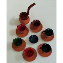Pınarstore Çömlek Malzemeden Renkli Cezveli Fincan Takımı 8 Parçalı Kahverengi Kulplu Set
