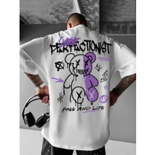 Baskılı Oversize Bisiklet Yaka T-Shirt - Beyaz