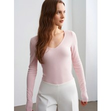 Dilvin 10842 V Yaka Kaşmirli Ultra Hafif Triko Kazak-Toz Pembe
