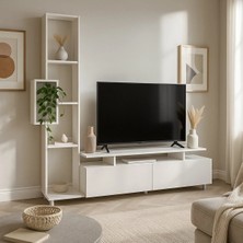 Dekorister Tulip Beyaz Kitaplıklı TV Ünitesi / Modern Raflı ve Kapaklı Salon Ünitesi