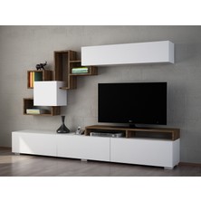 Dekorister Elit Beyaz Ceviz TV Ünitesi / Modern Kapaklı ve Duvar Raflı TV Sehpası