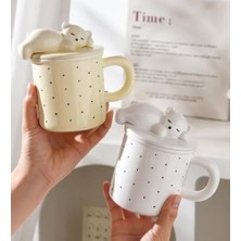 River Ayıcık Figürlü Nokta Desenli Kapaklı Seramik Kupa