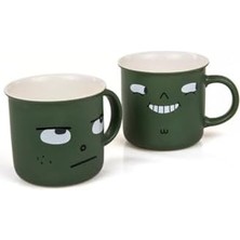 River 2'li Kupa Set Minimalist Yüz Illüstrasyonlu Yeşil Porselen Kupa Seti – 350ML, Modern & Şık Tasarım,haki