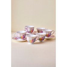 Perotti Antik 12 Parça 6 Kişilik Renkli Damalı Porselen Kahve Fincanı Takımı