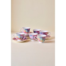 Perotti Antik 12 Parça 6 Kişilik Renkli Mozaik Porselen Kahve Fincanı Takımı