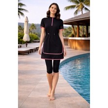 Tesmay Sporcu Likra Hızlı Kuruyan Kumaş Yarım Fermuarlı Kısa Kollu Taytlı Kadın Mayo 3422