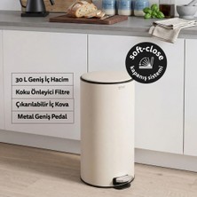 5Five Delta Metal Pedallı Çöp Kovası - 30 L, Soft Close, Koku Filtreli, İç Kovalı, Kil Beyazı