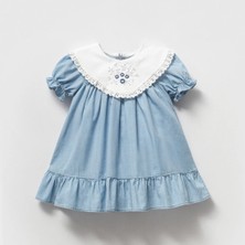 Noynoy Kız 9-24 Ay Nakışlı Yaka Kot Elbise - Mavi - 9 - 12 Ay Mavi