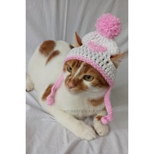 Özbience Sevgililer Günü Pembe Kalpli Beyaz Örgü Evcil Hayvan Şapkası