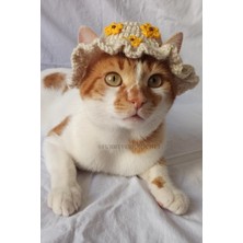 Özbience Ayçiçeği Desenli Evcil Hayvan Şapkası, Örgü Kedi ve Köpek Aksesuarı