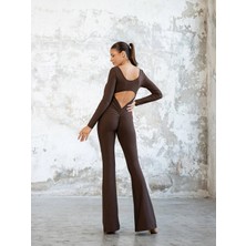 Lismina Kahverengi Uzun Kollu Arkası Büzgülü ( Scrunch Butt ) Spor Tayt Tulum