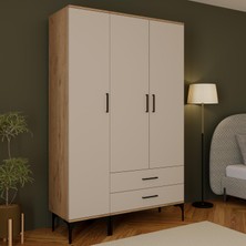 Bimossa K9020 Loft Sepet Gövde-Kumtaşı Kapak 3 Kapaklı 2 Çekmeceli Gardırop, Askılı Raflı Kapaklı Gardırop