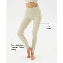 Ayma Active Kadın Krem Basic Viskoz Tayt - EcoVero Viskoz, Çift Kat Yumuşak Kumaş, 4 Kat Korsaj, Yüksek Bel Spor ve Günlük Tayt