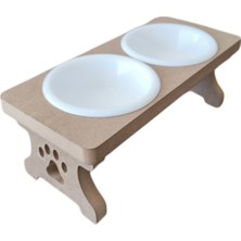 Özbience Ahşap Demonte Kedi Mama ve Su Kabı, Plastik Taslı, Beyaz, Pratik ve Şık