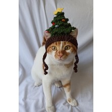 Özbience Yılbaşı Temalı Çam Ağacı Desenli Kedi Köpek Şapkası, Örgü Bere, Pet Aksesuar