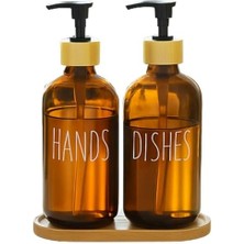 River Cam Dispenser Seti – 2’li Şişe (Hands & Dishes Etiketli), Bambu Kapaklı, Sıvı Sabun & Deterjan Pompası