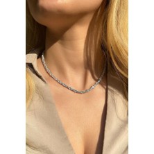 Spossy Silver Jewelry +A Kalite Araları Baget Taşlı Pırlanta Kilit Su Yolu Kolye