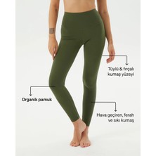 Ayma Active Kadın Haki Organik Pamuk Basic Tayt - Gots Sertifikalı, Yüksek Bel, Çift Kat Korsaj, Orta Yoğunluklu Yoga Pilates Taytı