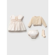 Noynoy Kız 3-6 Ay Gipeli Elbiseli 4lü Takım Özel Kutulu - Ekru - 3 - 6 Ay Ekru