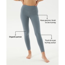 Ayma Active Kadın Mavi  Organik Pamuk Basic Tayt - Gots Sertifikalı, Yüksek Bel, Çift Kat Korsaj, Orta Yoğunluklu Yoga Pilates Taytı