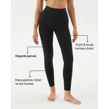 Ayma Active Kadın Siyah Organik Pamuk Basic Tayt - Gots Sertifikalı, Yüksek Bel, Çift Kat Korsaj, Orta Yoğunluklu Yoga Pilates Taytı