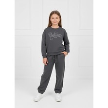 Stilera Kız Çocuk Taşlı Believe Yazılı Paçası Lastik Detaylı Antrasit Gri Alt Üst Takım 7-10 Yaş