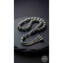 Erdobia 925 Ayar Küre Kesim 3 Kamçılı Püskül Bilek Boy Oval Işlemeli Otantik Gümüş Tesbih