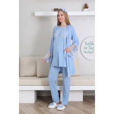 Erdeniz Tekstil Emzirme Düğmeli Hamile Pijama Takımı/ Dantel Sabahlıklı Lohusa Pijama Takım/ Terlik ve Taç Hediyeli