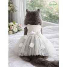 Özbience Çiçek Detaylı Fiyonklu Lüks Dantel Işlemeli Prenses Kedi Köpek Elbisesi Large