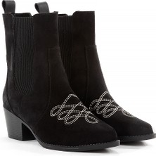 Rella Siyah Hakiki Deri Süet Kovboy Western Kadın Bot - Nakış Detaylı Kalın Topuklu Günlük Şık Bot