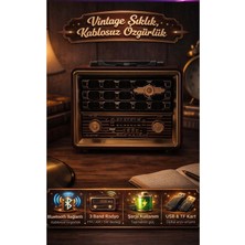 FaroxTech Gold Panelli Şarjlı Nostaljik Radyo - 3 Band Taşınabilir Bluetooth Hoparlör