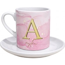 Myworldorganization Kişiye Özel Isim ve Gold Harf- Pembe Mermer Desenli Kahve Fincanı, Isme Özel  Kahve Fincanı