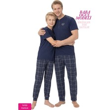 Tarık Homewear Çocuk Erkek Lacivert 3 Düğmeli Desenli %100 Pamuk Penye Kısa Kol Pijama Takımı-Baba Oğul Modeli-Tek Ürün Fiyatı