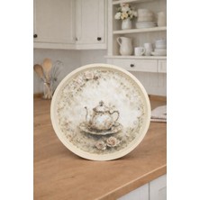 Zucci Home English Vintage Büyük Çay Servis Tepsisi | English Tea | Yuvarlak Büyük Sunum Tepsisi - 36X36 cm