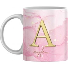 Kişiye Özel Isim ve Gold Harf Baskılı Kupa- Pembe Mermer Desenli Kupa Bardak,  Isme Özel Kupa Bardak