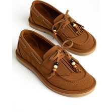 Senzora Taba Süet Püsküllü Boncuklu Kadın Loafer Ayakkabı