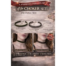 Liora De Mar 4’lü Choker Kolye Seti | Kadife, Dantel ve 2 Zincir Tasarım | Ayarlanabilir | Şık & Modern Aksesuar